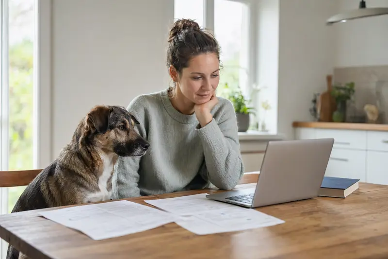 Ein Rehrattler sitzt ruhig neben seinem Besitzer am Küchentisch, während Versicherungsunterlagen und ein Laptop mit einer neutralen Vergleichsseite zu sehen sind.