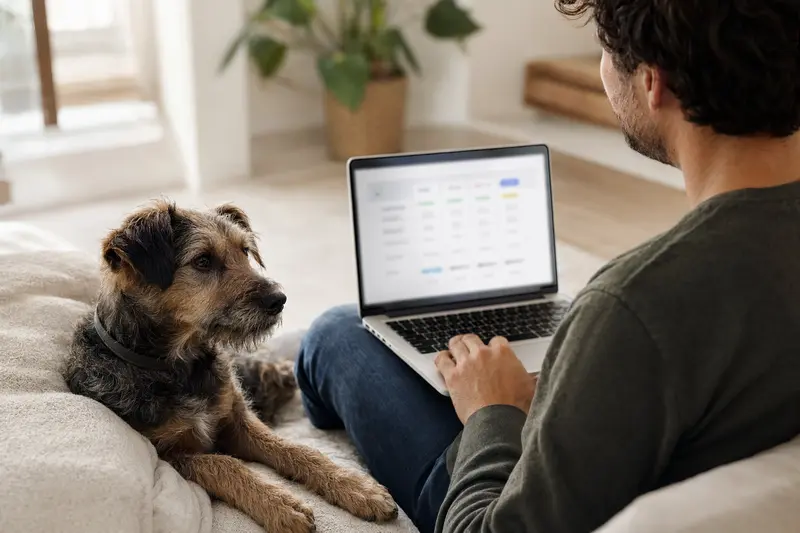 Ein Hund und sein Besitzer nutzen einen Laptop auf dem Sofa, um Informationen zu Tierversicherungen zu vergleichen.