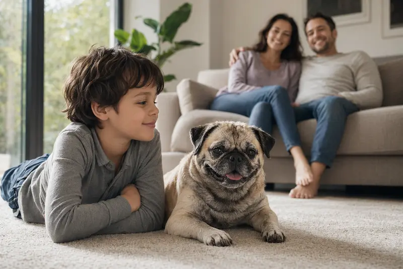 Ein freundlicher Retro-Mops liegt entspannt neben einem Kind im Wohnzimmer in einer sicheren Familienatmosphäre.