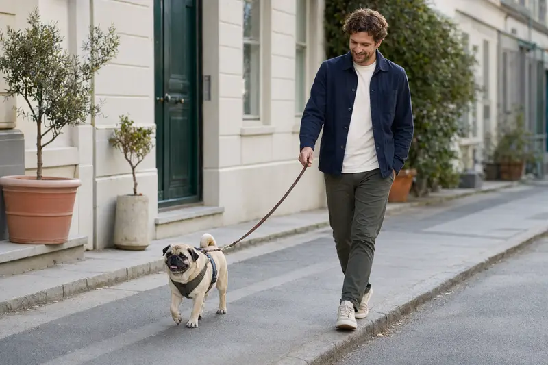 Ein Retro-Mops läuft an der Leine mit seinem Besitzer durch eine moderne Stadtstraße im Alltag.