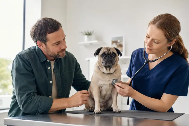 Ein ruhiger Retro-Mops Hund wird von einer freundlichen Tierärztin in einer modernen Tierarztpraxis mit einem Stethoskop untersucht.