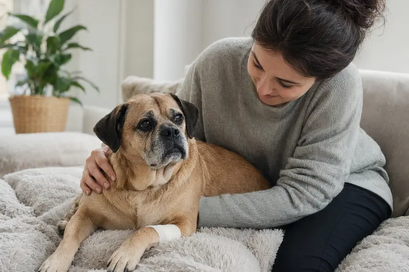 Ein Retro-Mops mit leicht bandagierter Pfote liegt auf einer Decke, während sein Besitzer erleichtert neben ihm sitzt.