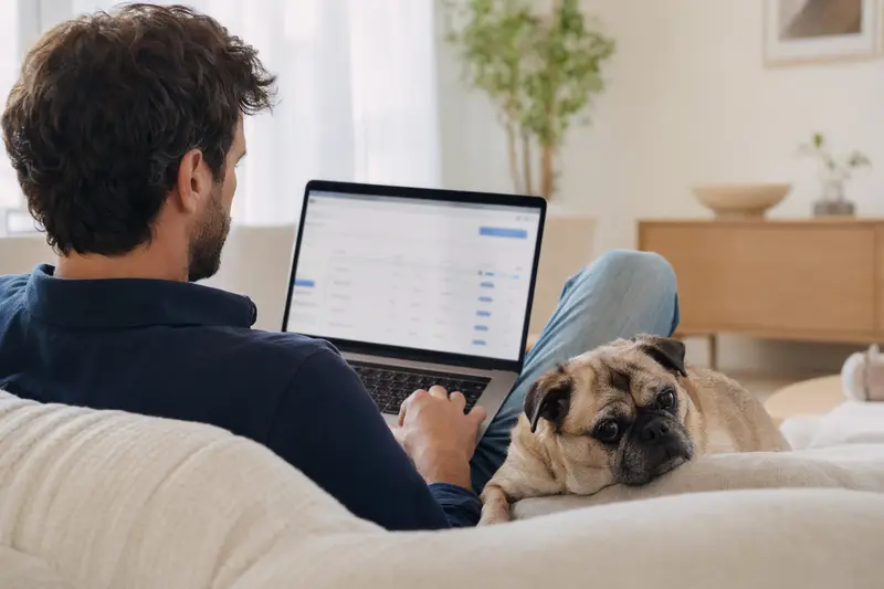 Ein Besitzer arbeitet am Laptop auf dem Sofa, während ein Retro-Mops entspannt daneben sitzt und die Bildschirmansicht einer Versicherungsvergleichsoberfläche zeigt.