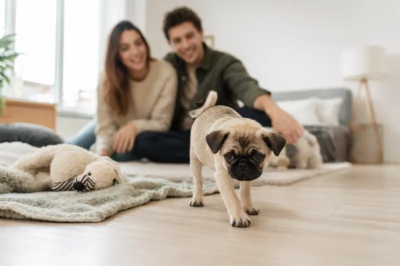 Ein junger Retro-Mops Welpe erkundet neugierig sein neues Zuhause mit einer liebevollen Familie im Hintergrund.