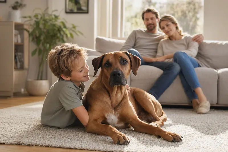 Ein Rhodesian Ridgeback liegt entspannt neben einem Kind im hellen Wohnzimmer, während die Eltern im Hintergrund eine sichere und vertrauensvolle Familienatmosphäre schaffen.