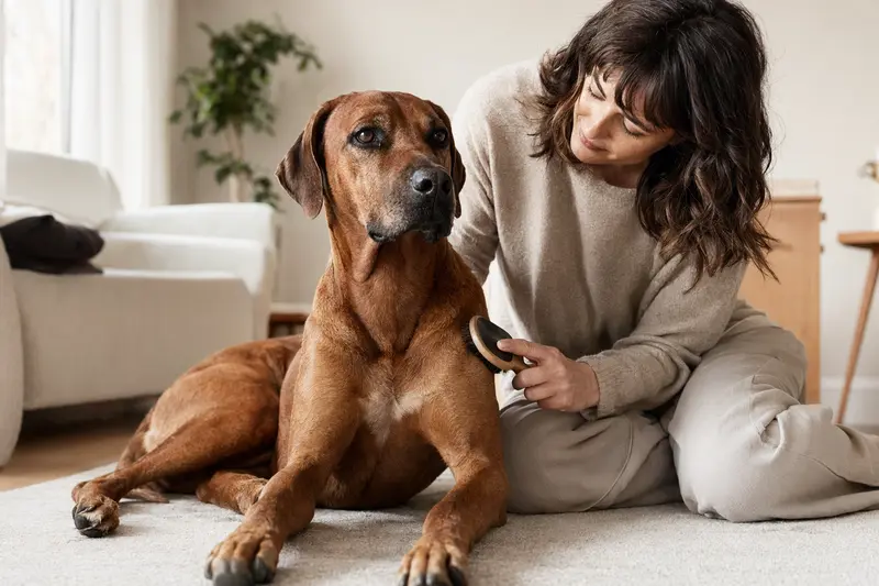 Ein Rhodesian Ridgeback wird in einer hellen Wohnung sanft gebürstet, während sein Besitzer die Fellpflege ruhig und aufmerksam übernimmt.