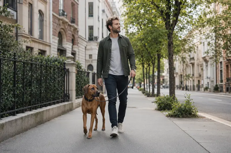 Ein Rhodesian Ridgeback läuft an der Leine mit seinem Besitzer durch eine moderne Stadtstraße.