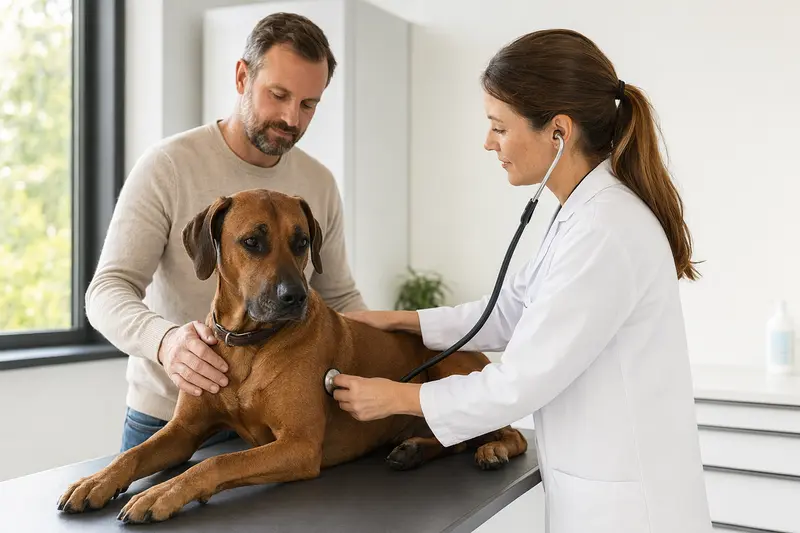 Ein ruhiger Rhodesian Ridgeback Hund wird von einer freundlichen Tierärztin in einer modernen Tierarztpraxis untersucht.