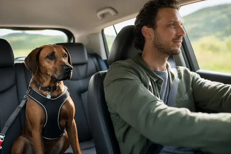 Ein Rhodesian Ridgeback sitzt angeschnallt auf der Rückbank eines Autos, während der Besitzer ruhig fährt und Sonnenlicht durch das Fenster fällt.