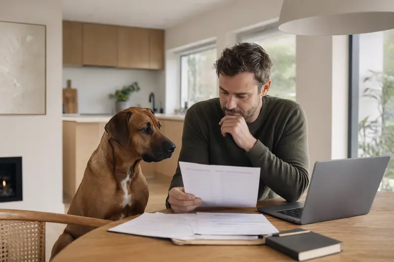 Ein Rhodesian Ridgeback sitzt ruhig neben seinem Besitzer am Küchentisch, während Versicherungsunterlagen und ein Laptop mit einer Vergleichsseite vor ihm liegen.