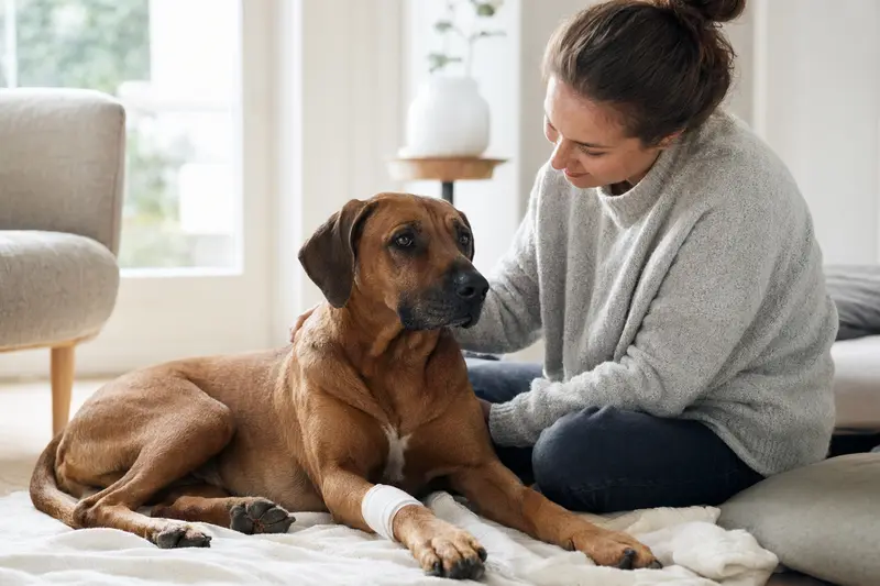 Rhodesian Ridgeback mit leichtem Verband an der Pfote liegt ruhig auf einer Decke, während sein Besitzer daneben erleichtert sitzt.