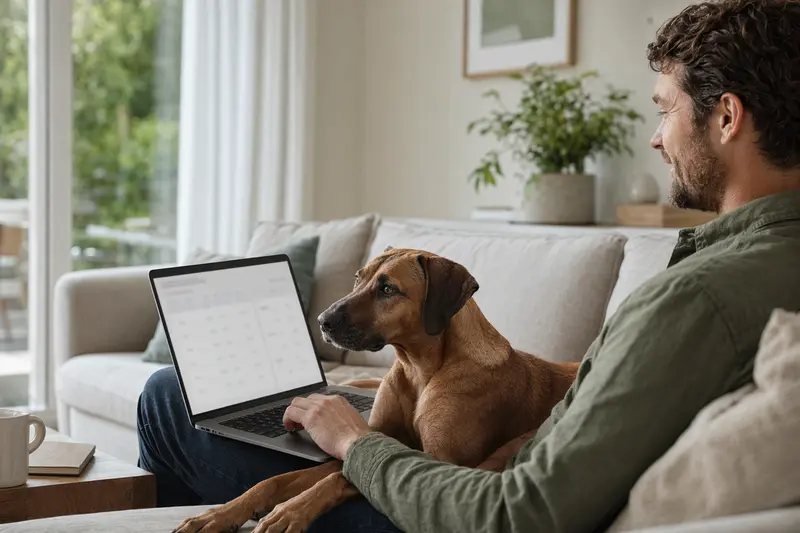 Ein Hundehalter mit einem Rhodesian Ridgeback sitzt auf dem Sofa und vergleicht Versicherungen am Laptop.