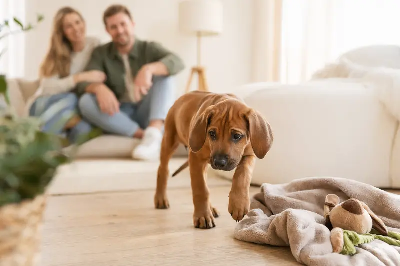 Ein junger Rhodesian Ridgeback Welpe erforscht neugierig seine weiche Decke und Spielzeuge in einer hellen Wohnung.