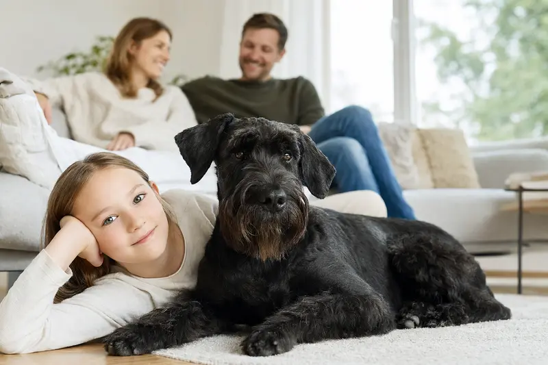 Ein freundlicher Riesenschnauzer liegt entspannt neben einem Kind im hellen Wohnzimmer, während die Eltern im Hintergrund eine sichere Familienatmosphäre schaffen.