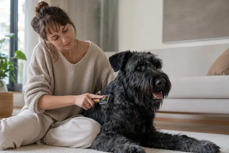 Ein Riesenschnauzer wird in einer hellen Wohnung sanft gebürstet, während sich sein Besitzer liebevoll um die Fellpflege kümmert.