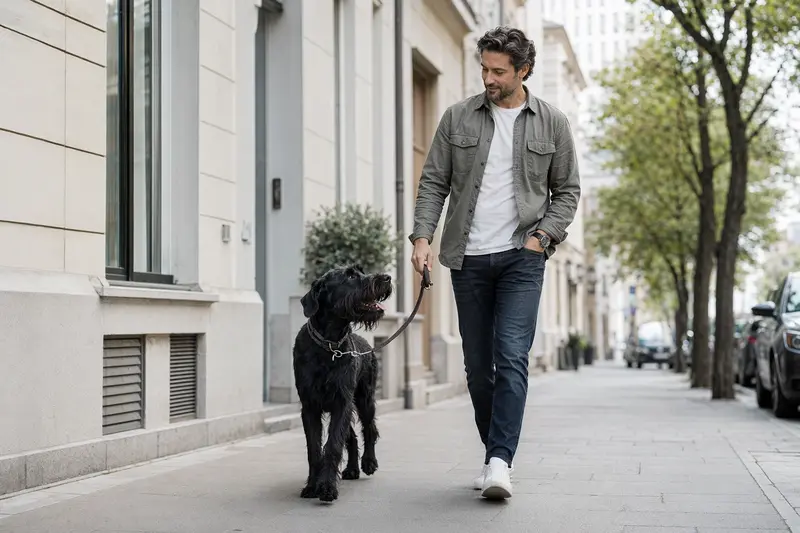 Ein Riesenschnauzer läuft an der Leine mit seinem Besitzer durch eine moderne Stadtstraße in entspannter Alltagssituation.
