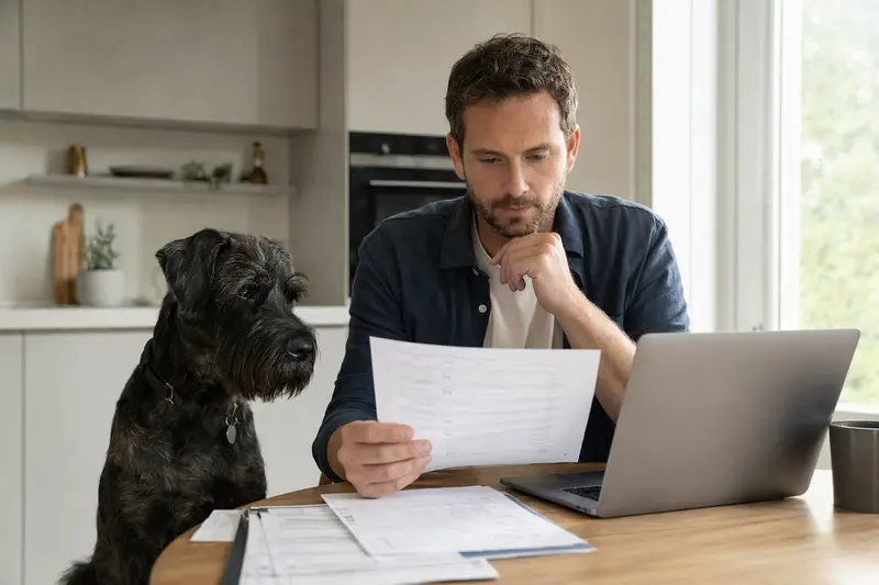 Ein Riesenschnauzer sitzt ruhig neben seinem Besitzer am Küchentisch mit Versicherungsunterlagen und Laptop als Symbol für den Vergleich einer Tierkrankenversicherung.