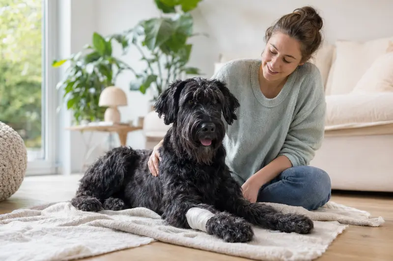 Ein Riesenschnauzer mit leichtem Verband an der Pfote liegt ruhig auf einer Decke neben seinem erleichterten Besitzer in einer hellen Wohnung.