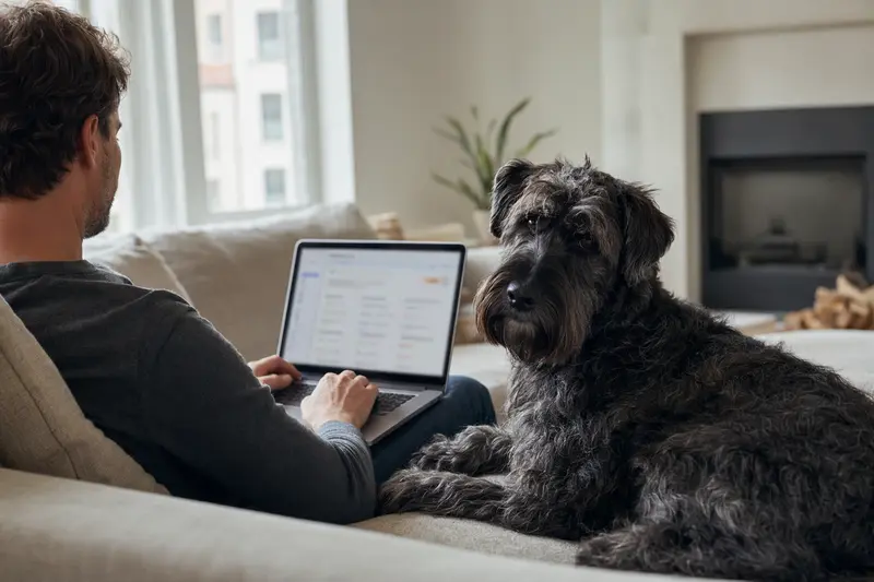 Besitzer mit Laptop auf dem Sofa, daneben ein Riesenschnauzer Hund in einer ruhigen Wohnung, Fokus auf Versicherungsvergleich.