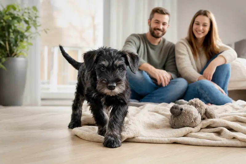 Ein neugieriger Riesenschnauzer Welpe entdeckt sein neues Zuhause mit Spielzeug und einer liebevollen Familie im Hintergrund.