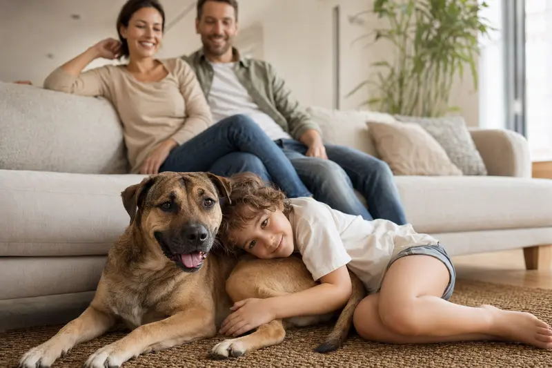 Ein freundlicher Römischer Kampfhund liegt entspannt neben einem Kind im Wohnzimmer, während eine sichere Familienatmosphäre entsteht.