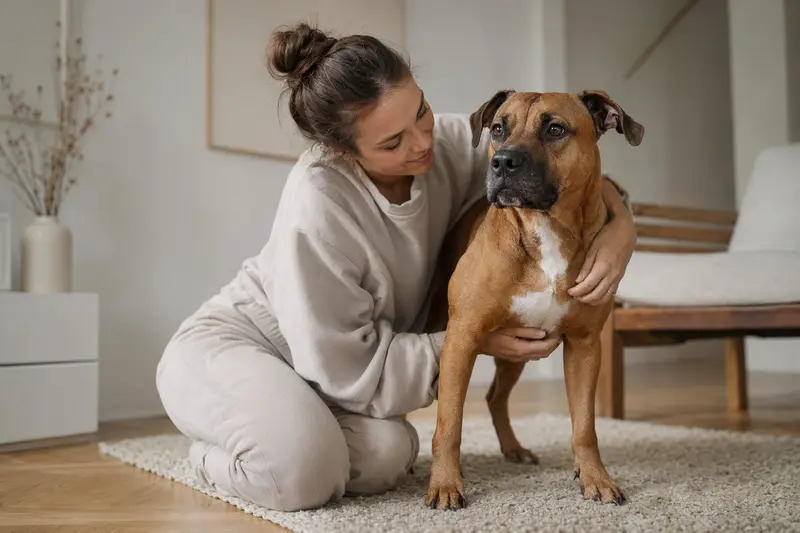 Ein römischer Kampfhund steht aufmerksam in natürlicher Haltung vor hellem Hintergrund, als realistisches Tierportrait mit klaren Details.