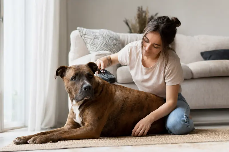 Ein Römischer Kampfhund wird in einer hellen Wohnung sanft gebürstet, während sich sein Besitzer liebevoll um die Fellpflege kümmert.