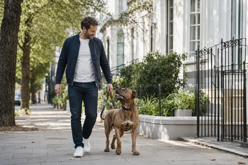 Ein Römischer Kampfhund läuft entspannt an der Leine mit seinem Besitzer durch eine moderne Stadtstraße.
