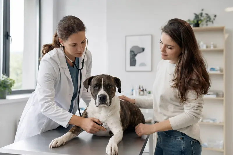 Ein ruhiger Römischer Kampfhund auf einem Untersuchungstisch in einer modernen Tierarztpraxis wird freundlich von einer Tierärztin mit einem Stethoskop untersucht.