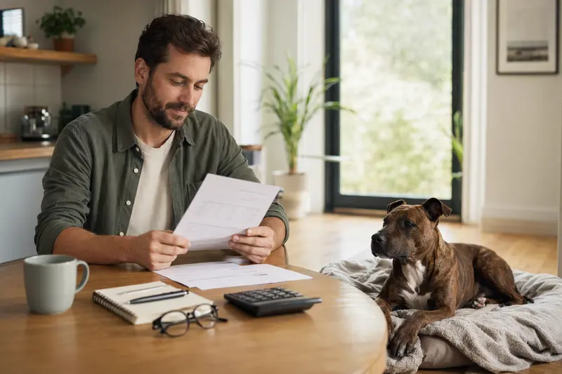 Ein Hundehalter sitzt mit einer Tierarztrechnung am Tisch, während sein entspannter römischer Kampfhund auf einer Decke liegt.