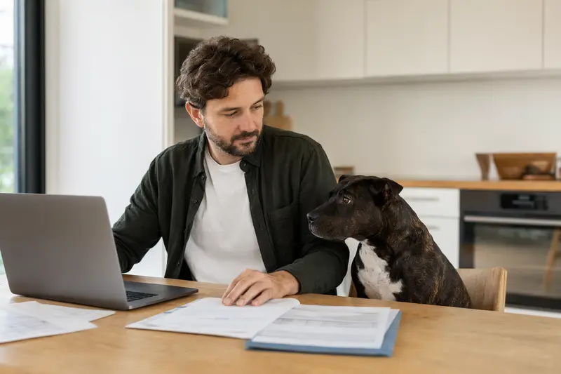 Ein Römischer Kampfhund sitzt ruhig neben seinem Besitzer am Küchentisch, während Versicherungsunterlagen und ein Laptop mit Vergleichsseite die Hundeversicherung thematisieren.