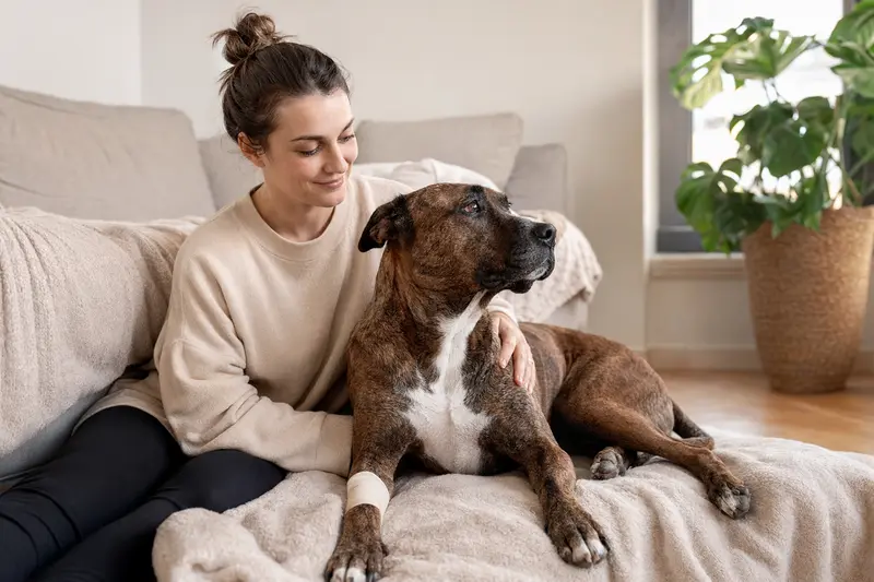 Römischer Kampfhund mit leicht verbundenem Pfotenverband liegt ruhig auf einer Decke, während sein Besitzer neben ihm erleichtert sitzt.