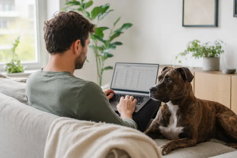 Ein Hundebesitzer sitzt entspannt auf dem Sofa mit einem Römischen Kampfhund und einem Laptop, auf dem eine neutrale Versicherungsvergleichsoberfläche zu sehen ist.