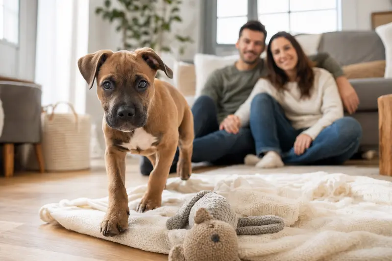 Ein junger Römischer Kampfhund Welpe erkundet neugierig seine neue, helle Wohnung mit Spielzeug und einer liebevollen Familie im Hintergrund.