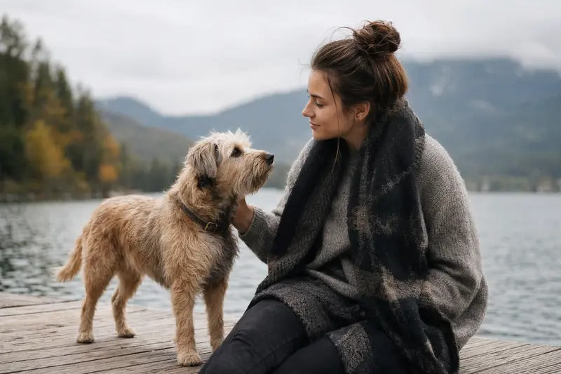 Roseneath Terrier Hund in aufmerksamer natürlicher Haltung vor hellem Hintergrund, als professionelles Tierportrait in klarer Detailansicht.
