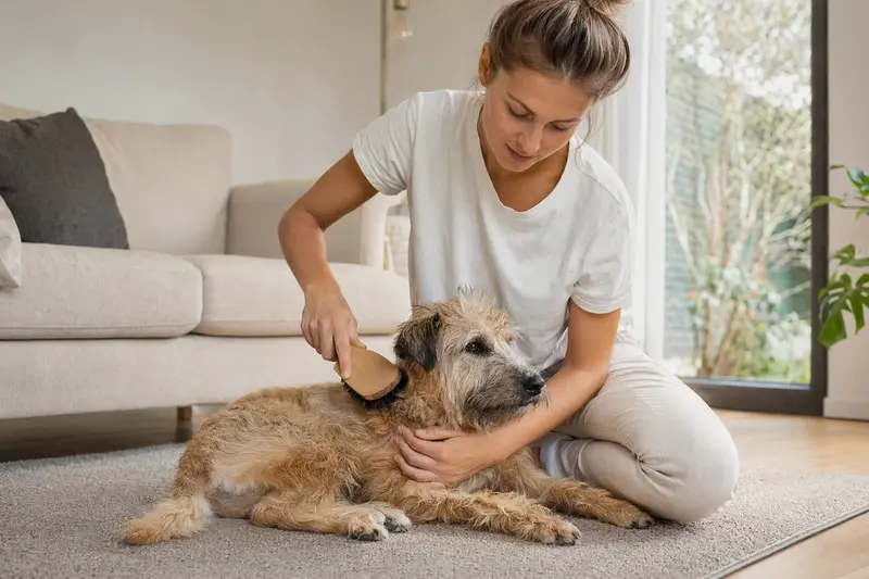 Ein Roseneath Terrier wird in einer hellen Wohnung sanft gebürstet, während sich der Besitzer liebevoll um die Fellpflege kümmert.