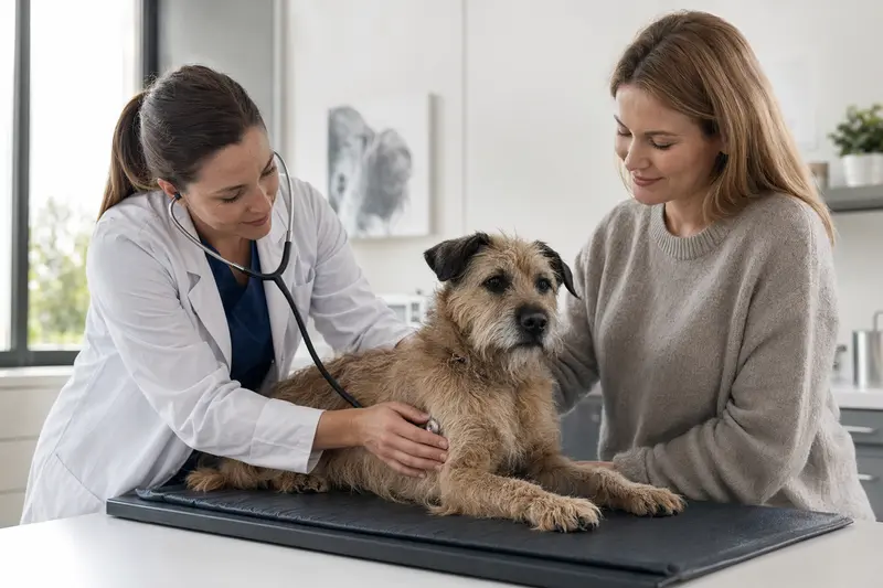 Ein ruhiger Roseneath Terrier wird von einer freundlichen Tierärztin auf einem Untersuchungstisch in einer modernen Praxis untersucht.