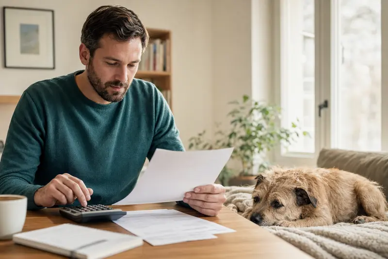 Ein Hundehalter sitzt mit einer Tierarztrechnung am Tisch, während ein entspannter Roseneath Terrier auf einer Decke daneben liegt, passend zum Thema Hundekrankenversicherung.