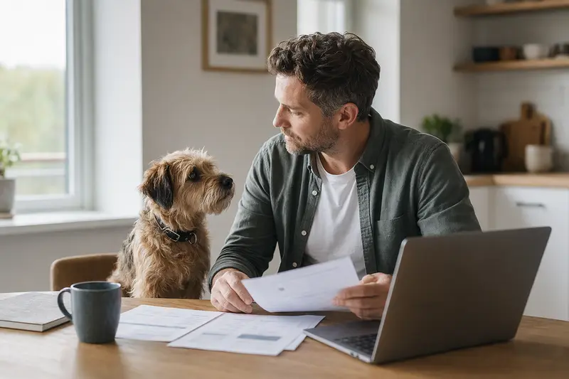 Ein Roseneath Terrier sitzt ruhig neben seinem Besitzer am Küchentisch, während Versicherungsunterlagen und ein Laptop mit einer neutralen Vergleichsseite auf eine Hundekrankenversicherung hinweisen.