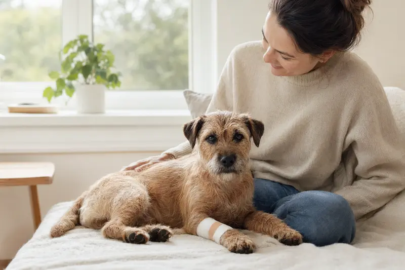 Roseneath Terrier mit leicht verbundenem Pfötchen liegt ruhig auf einer Decke, während sein Besitzer erleichtert neben ihm sitzt.