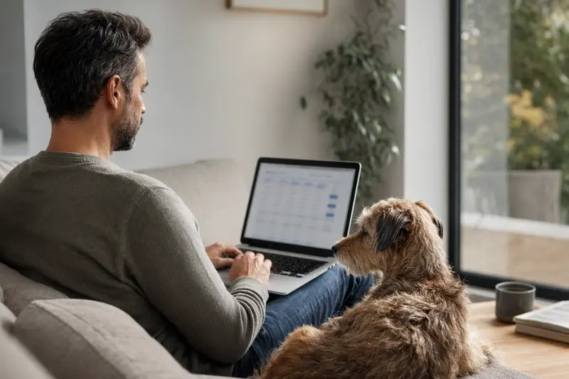 Ein Hundebesitzer arbeitet am Laptop auf dem Sofa, während ein Roseneath Terrier entspannt neben ihm sitzt.