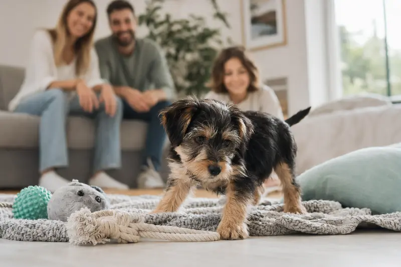 Ein neugieriger Roseneath Terrier Welpe entdeckt sein neues Zuhause auf einer weichen Decke mit Spielzeug und einer liebevollen Familie im Hintergrund.