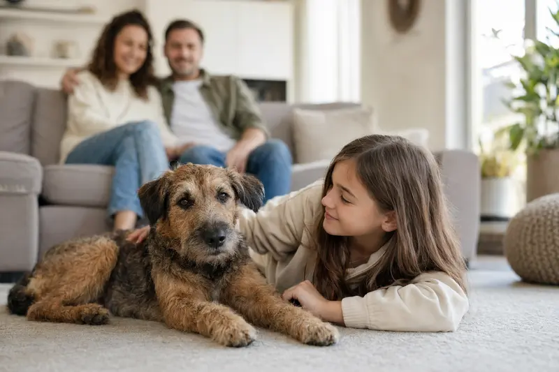 Ein freundlicher Rothbury Terrier liegt entspannt neben einem Kind im Wohnzimmer, während die Eltern im Hintergrund eine sichere Familienatmosphäre schaffen.