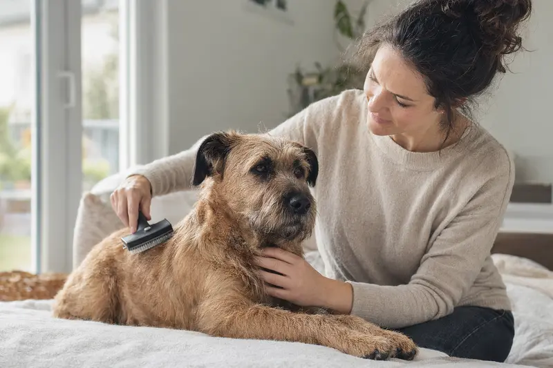 Ein Rothbury Terrier wird in einer hellen Wohnung sanft gebürstet, während der Besitzer liebevoll die Fellpflege übernimmt.