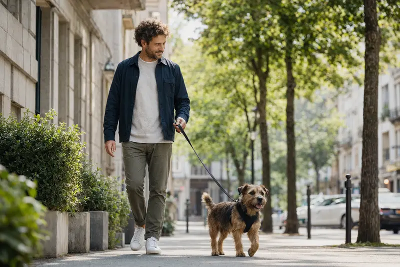 Ein Rothbury Terrier läuft an der Leine mit seinem Besitzer durch eine moderne Stadtstraße.