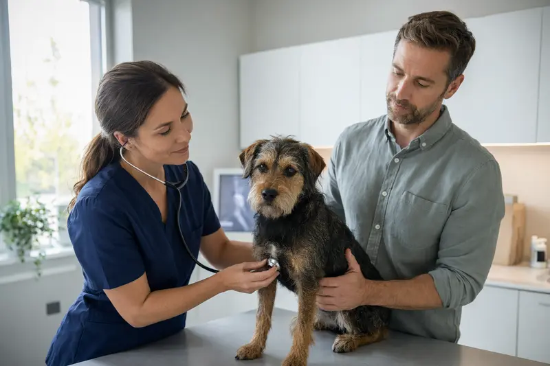Ein Rothbury Terrier wird von einer Tierärztin mit Stethoskop in einer modernen Praxis untersucht, während der Besitzer beruhigend daneben steht.