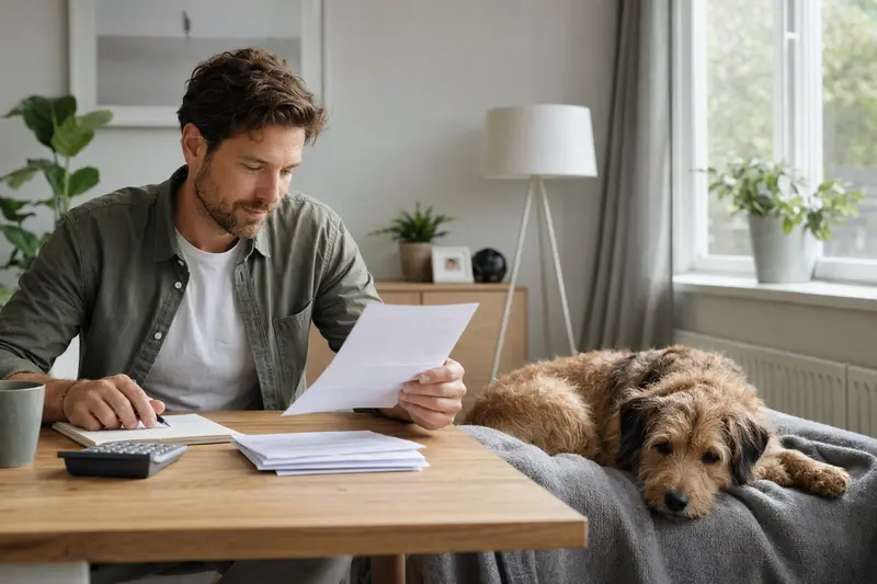 Besitzer sitzt mit Tierarztrechnung am Tisch, während ein entspannter Rothbury Terrier auf einer Decke liegt und die Hundeversicherung als Thema der Kostenabsicherung vermittelt.