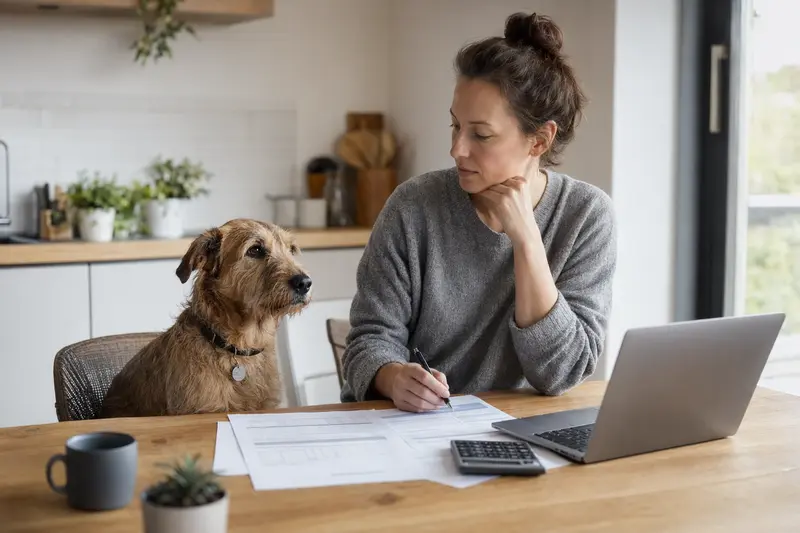 Ein Rothbury Terrier sitzt ruhig neben seinem Besitzer am Küchentisch mit Versicherungsunterlagen und einem Laptop mit Vergleichsseite zur Tierkrankenversicherung.