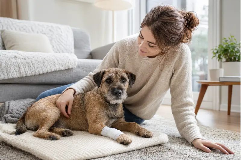 Ein Rothbury Terrier mit leicht bandagierter Pfote liegt ruhig auf einer Decke, während sein Besitzer neben ihm sitzt und erleichtert wirkt.