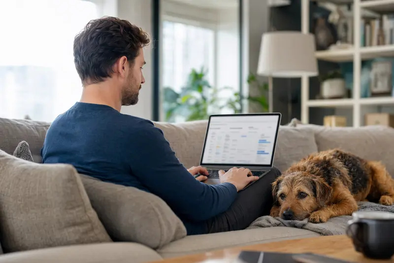 Ein Hundebesitzer mit einem Rothbury Terrier arbeitet am Laptop auf einem gemütlichen Sofa, während er Informationen zu Versicherungsvergleichen für Tiere nutzt.